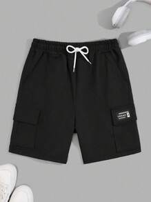 RueChic Men Cottonline Patched Cargo Pockets Drawstring Regular Short - Black - View 3