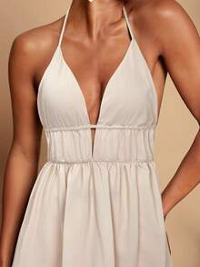 Travachic 女式纯色编织V领细肩带露背连衣裙 - 杏色 - 查看 5