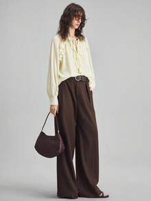 Ontre 2025 New Autumn/Winter Women's Top, Ladies' Yellow Tie-Neck Chiffon Ruffle Hem Sheer Top, Loose Fit, Woven Fabric, Suitable For Halloween, Christmas, Vacation Party, Elegant Casual Versatile Women's Top Elegant And Intellectual Female Wedding Guest Dress And Beautiful French Lazy High-End Sense Of Intelligence And Elegance Old Money Style Cruise Vacation Wear All-Season - Yellow - View 7