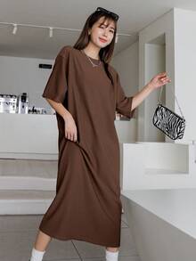 Đầm dài cổ tròn màu trơn dành cho nữ, kiểu dáng đường phố mùa hè. - màu nâu - Xem 4