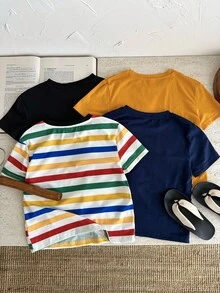 SHEIN 小男孩买 3 送 1，4 件/套舒适、经济、百搭日常休闲条纹圆领短袖 T 恤带口袋，适合春夏季、日常穿着、运动、郊游、学校、聚会、节日、拍照、返校季 - 彩色 - 查看 2