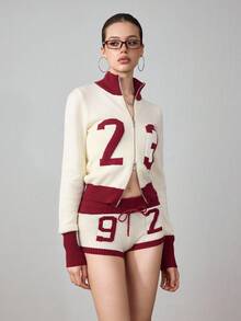 ROMWE Avant 2pcs Women Millennium Babe Retro Numeric Pattern Cardigan And Shorts Knit Set - Apricot - View 6