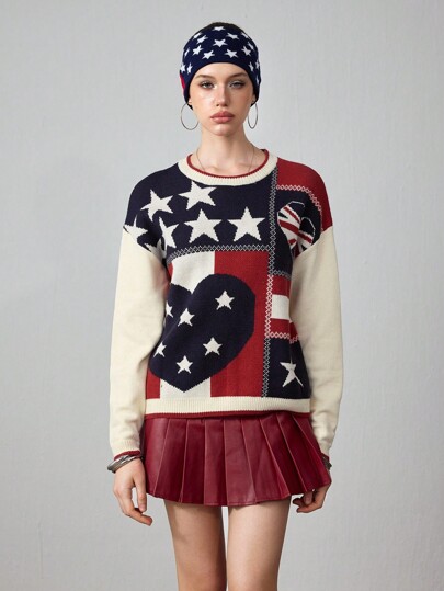 J-Fashion Chandail décontracté américain rétro Y2K rayé avec pentagramme pour femmes