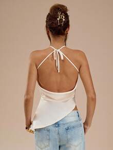 SHEIN BAE 1件女士优雅缎面露背吊带无袖上衣，杏白色，春夏款 - 白色 - 查看 2