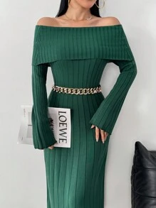 Modelyn 女士绿色露肩长袖优雅针织连衣裙，秋季 - 綠色 - 查看 7