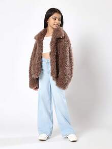 SUMWON Fluffy Teddy Bear Coat Winter Warm Plush Jacket Oversized Shaggy Cozy Outerwear Girls Teen Fashion Faux Fur Fuzzy Brown Coat For Cold Weather Vacation - Brown - View 3