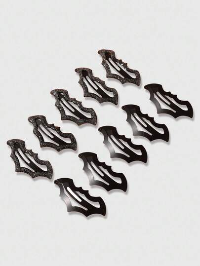 ROMWE Grunge Punk 10pcs Black Metal Bat Shaped Shiny Glitter Hair Clips, Cartoon Cute Design Suitable For Daily Life And Halloween Party Decoration