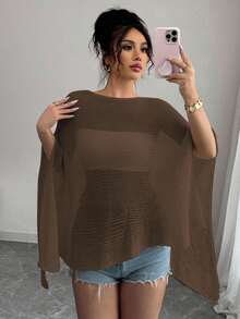 Breezaya 女士时尚斗篷披肩轻薄宽松针织开衫，春夏季 - 咖啡棕 - 查看 3