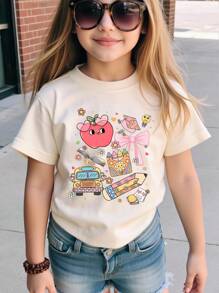 返校季女童休闲时尚创意铅笔彩色蝴蝶结卡通图案印花基础款短袖T恤 女童图案T恤 小女孩图案T恤 返校季女童衬衫 - 米色 - 查看 1