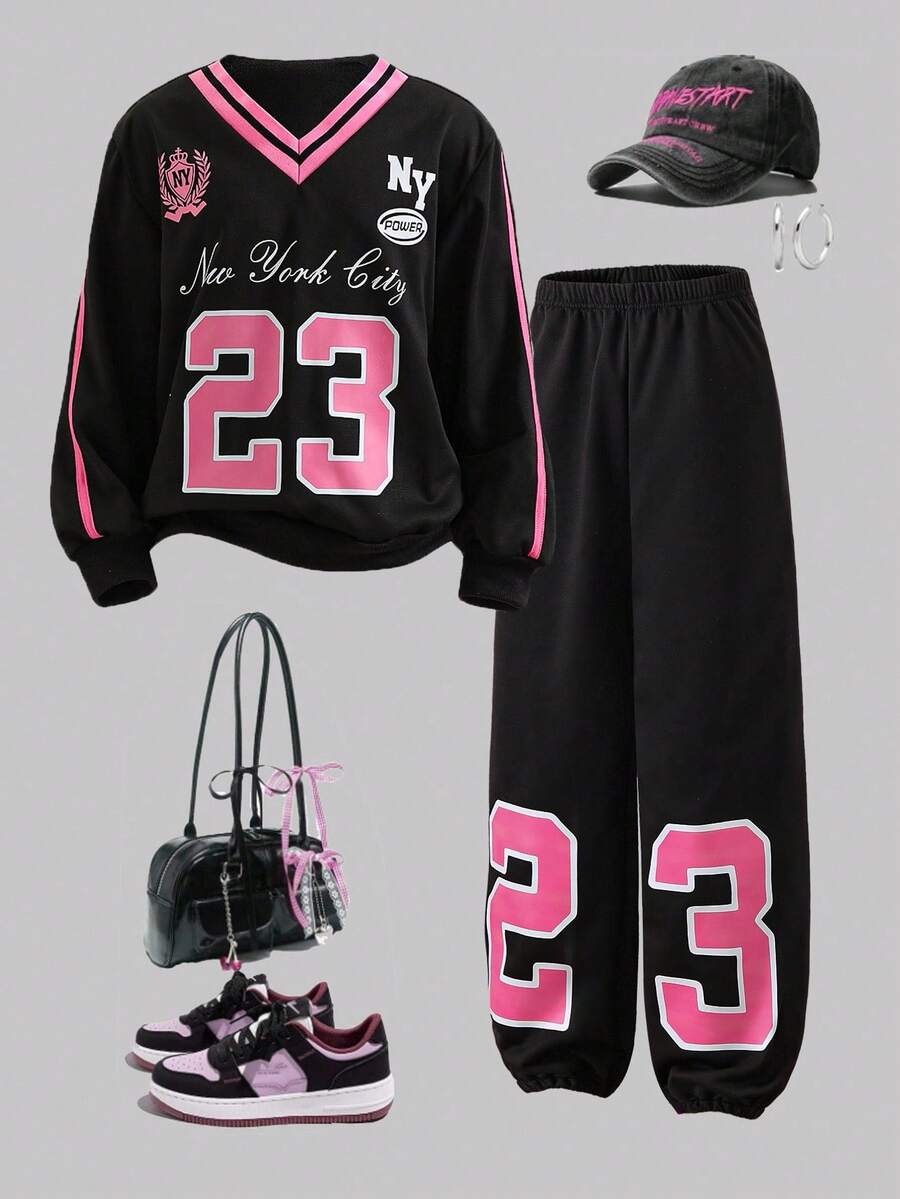 Conjunto de 2 peças de moletom esportivo de malha com estampa de números e blocos de cores para meninas adolescentes e calças cargo com bolso lateral, roupa casual para o dia a dia - Preto - Ver 1
