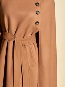 CLARA VERO Camel Wool Cape Overcoat For Women – Elegant Double-Breasted Winter Cloak With Belt, High Neck, And Button Details - Camel - View 8