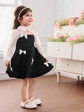 Babygirl Elegant & Cute Color Block Bow Collar Hollow Out Long Sleeve Dress