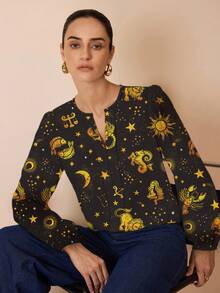 Shutterstock Glamance Astrologiedruck Lässig Minimalistisches Damen Shirt, geeignet für Herbst Damen Oberteile Damen Blusen Langarm Astrologie Shirt Himmlische Bluse Sternhemd Himmlisches Hemd Sternzeichen Hemd