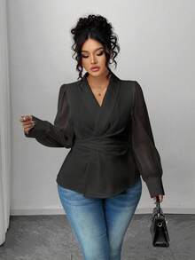 Elenzga Blusa de manga larga con escote en V, parches de malla transparente y lazo, de unicolor, para mujer de talla grande, elegante y de uso casual para la oficina