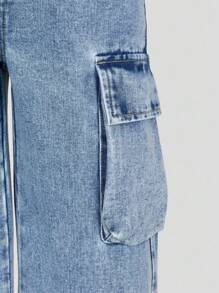 Tween Mädchen Jeans im Y2K-Stil, neue Version, hellblauer Denim-Farbton, Kordelzug Gummibund, Cargo-Taschen, weite Passform, modischer lässiger Schulstil, Tween Mädchen Jeans - Helle Waschung - Übersicht 8