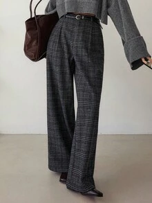 Dazy-Less 女士宽松格子直筒休闲裤，适合商务、办公室、通勤、秋冬季女士正装裤 - 深灰色 - 查看 8