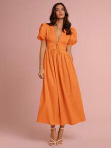 Enchnt Vestido de moda sexy con cuello en V profundo, cintura con lazo y mangas cortas abullonadas de unicolor para mujer