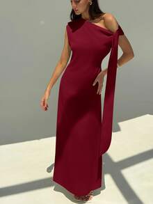 Aloruh Elegant Oblique Shoulder Tie Waist Slim Fit Maxi Dress, Minimalist Commuter Style, Light Green,Prom Dress,Fall Wedding Guest Dress - Burgundy - View 5