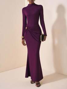 Zivah Vestido longo feminino plissado, elegante, casual, roxo, slim, manga comprida, com decoração de metal, para outono e inverno 2025, adequado para viagens, deslocamento diário, festa, férias, estilo tradicional, compras, banquete, elegante, festa, encontro, casual - Borgonha - Ver 7