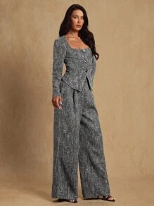 Glamine Women's Elegant Tweed Gray Long Sleeve Shirt + Elegant Wide Leg Gray Pants 2 Pieces Set, Suitable For Office, Daily Wear, Autumn/Winter Fall Cloth For Women - Grey - View 5