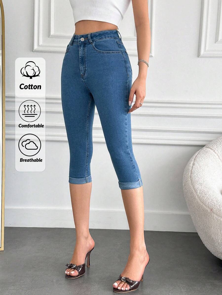 EURMUSE Medium Blue  Long Short Fold Up Detail - Medium Wash - View 1