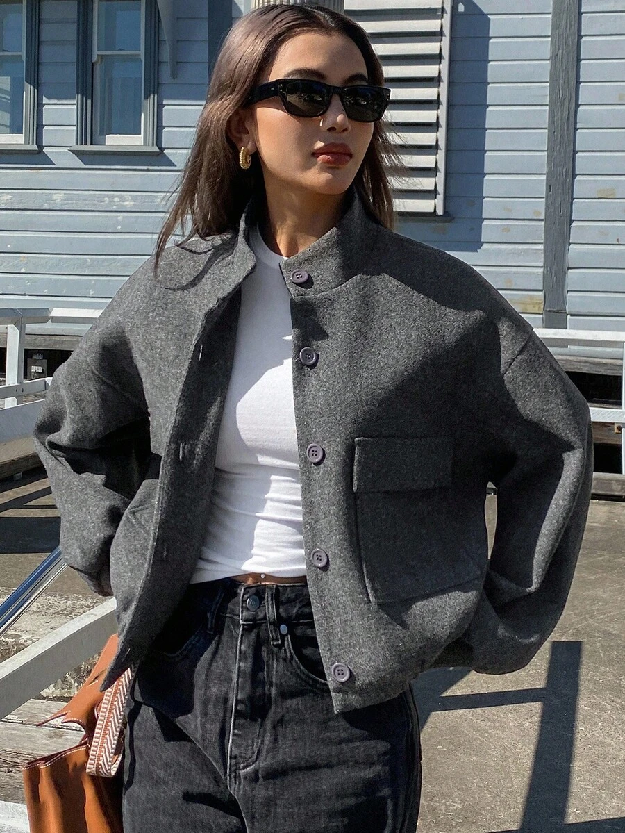 DAZY 女士秋冬立领短款宽松羊毛大衣外套 - 深灰色 - 查看 1