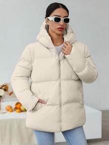 RueChic Của phụ nữ Xám Màu thuần áo có mũ Đệm Áo khoác - Màu be - Xem 5