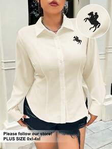SHEIN EZwear Áo sơ mi dài tay ôm vừa vặn thời trang công sở đa năng dành cho nữ cỡ lớn - Màu be - Xem 1