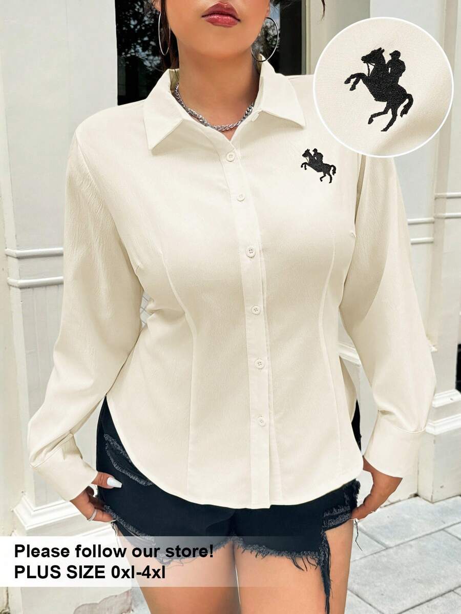 SHEIN EZwear Áo sơ mi dài tay ôm vừa vặn thời trang công sở đa năng dành cho nữ cỡ lớn - Màu be - Xem 1