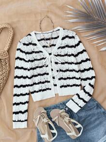 SHEIN Cárdigan de punto versátil a rayas blancas y negras para niña preadolescente