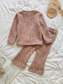 SHEIN Vintaside Kids 2pcs Baby Girls' Rainbow Color Long Sleeve Top And Pants Set, Casual Fashion Outfit Suitable For Spring, Autumn And Winter Fall - Multicolor - View 2
