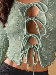 Opulessa 秋冬圣诞鸡尾酒会，优雅性感1件套女士度假纯色针织喇叭长袖前系带设计上衣 - 綠色 - 查看 6