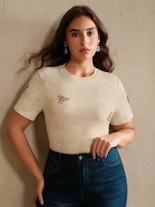 Anewsta Camiseta de manga corta ajustada con aplicaciones de strass elegantes y lavadas para mujer de talla grande - Albaricoque - Ver 4