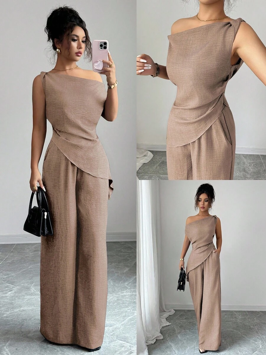 Elenzga 夏季新款韩版女士两件套，适合旅行和摄影，华丽深海蓝色不对称肩上衣和高腰修身休闲裤 - 卡其色 - 查看 1