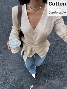 Siren Gaze بليزر نسائي أحادي اللون بياقة على شكل حرف V وأكمام طويلة وأكتاف عادية وأزرار أمامية واحدة