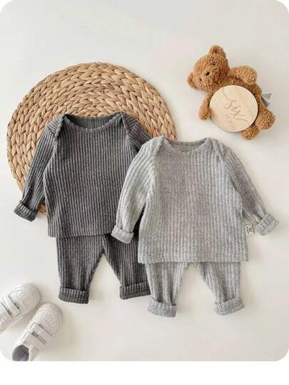 SHEIN 新生女婴可爱休闲纯色针织长袖上衣和裤子家居服套装