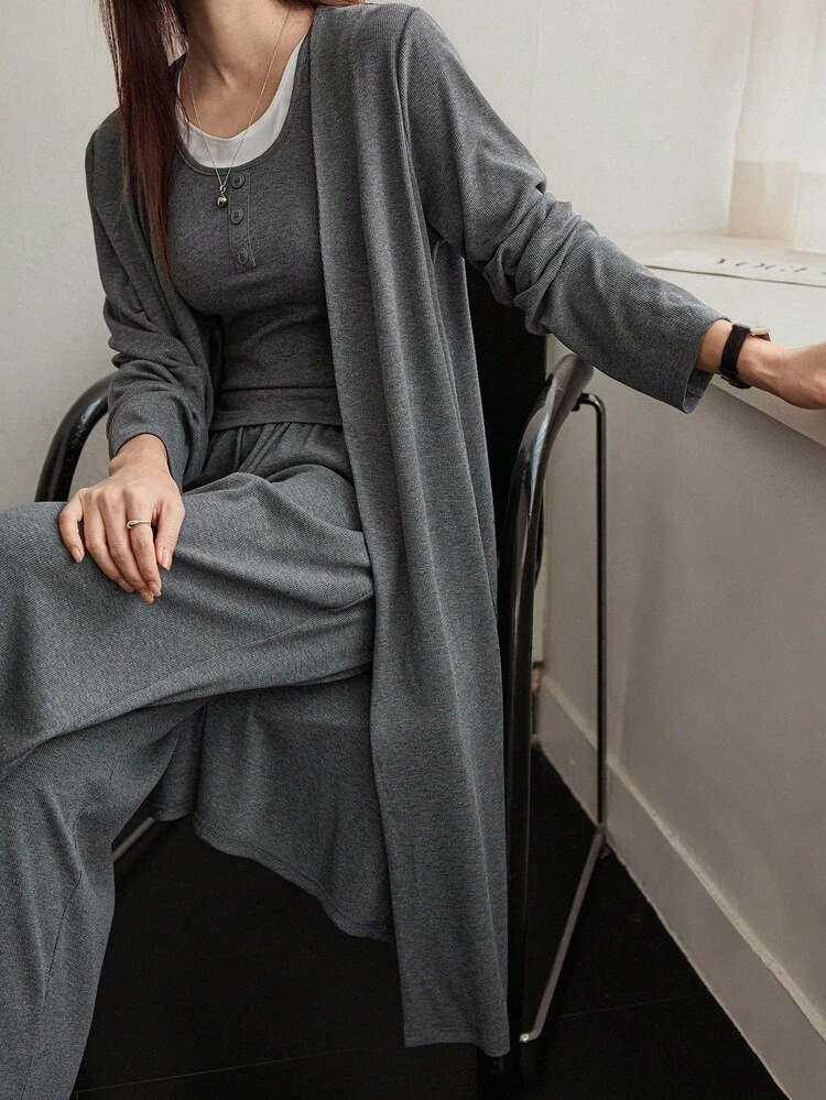 3pcs Women Solid Color Basic Camisole, Long Cardigan And Straight Leg Casual Pants Set, Loose Fit Business Casual Outfit For Home Or Outdoor Wear, Autumn/Winter