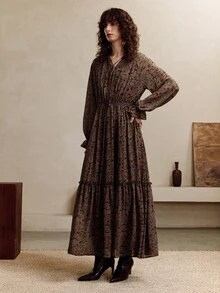 Revavyn Váy Maxi Chiffon Họa Tiết Hoa Tay Phồng Phong Cách Bohemian, Thời Trang Đi Làm - Đỏ - Xem 6