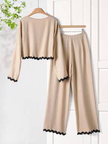 Rusticease Conjunto de top corto de manga larga con cuello cuadrado y bolsillos con cinta de contraste, y pantalones rectos casuales para mujer