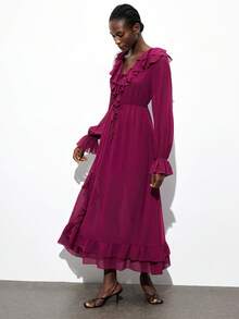 Maija Women's Magenta Chiffon Elegant V-Neck Long Sleeve Ruffle Dress,Autumn Semi-Sheer Textured Tie Waist Asymmetric Hem Boho Dress,Bar Party Casual Outfit - Red Violet - View 3