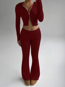 FavEase 2 件杏色羊毛罗纹纹理拉链短款连帽衫和复古喇叭裤套装，简约休闲运动服，女士衣橱必备单品，春秋季 - 酒紅色 - 查看 3