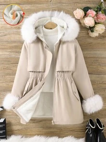 女孩舒适休闲宽松毛绒衬里仿皮草装饰连帽中长款派克大衣 - 米色 - 查看 3