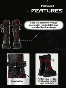 ROMWE Grunge Punk 红色 & 黑色金属扣厚底中筒系带朋克及膝靴