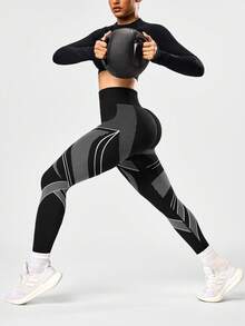 Easithlete Quần legging tập yoga họa tiết sọc liền mạch cạp cao màu đen cho nữ - màu đen - Xem 4