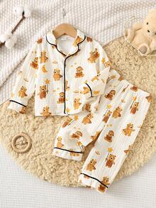 SHEIN 2pcs/Set Toddler Boys/Girls 100% Cotton Cute Bear Pattern Long Sleeve Shirt And Pants Loose Fit Pajamas, Classic Comfortable Casual Basic Homewear Suitable For Spring, Autumn, Winter, Halloween, Christmas, New Year - White - View 3