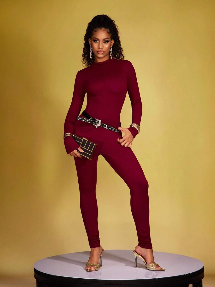 INAWLY Women Solid Color Elastic Skinny Jumpsuit For Autumn Fall Cloth For Women - Burgundy - View 1