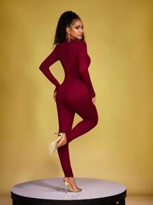 INAWLY Women Solid Color Elastic Skinny Jumpsuit For Autumn Fall Cloth For Women - Burgundy - View 2