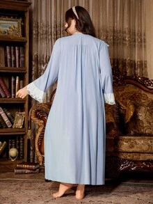 PalaceNights Palace Nights Embroidered Trim Patchwork Vintage Palace Style Plus Size Nightgown + Robe Set, Fall Clothes - Baby Blue - View 2