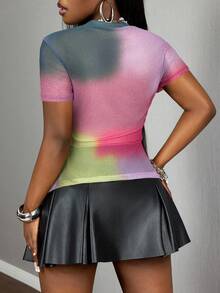 Slaydiva 2025 夏季新款休闲街头风格性感透明网眼拼色印花短袖修身女式上衣，适合音乐节、性感街头风格、毕业季、西部游牧风格、波西米亚风、日常外出、摩托车运动、俱乐部、坏人、生日派对、学生装、基本百搭、休闲、度假、邮轮旅行、海滩、日光浴、病毒式、派对聚会 - A - 彩色 - 查看 3