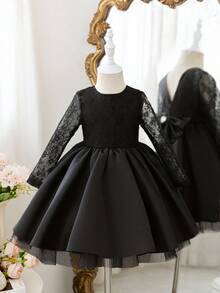 年轻女孩优雅可爱黑色缎面网眼长袖蝴蝶结连衣裙 - 黑色 - 查看 2